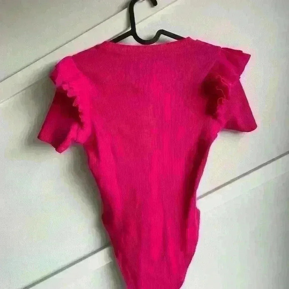 Zara Ruffle Sleeve Hot Pink Bodysuit Barbie Barbiecore size S Crew neck - Picture 10 of 11